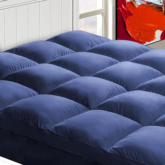 Mattress Topper King for Back Pain, Extra Thick Mattress Pad Cover, Plush Pillow Top, Deep Elastic Pocket, Navy