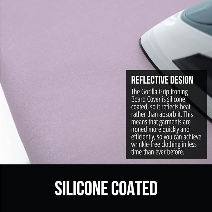 The Original GORILLA GRIP Ironing Board Cover and Pad, Silicone Coating, Thick Scorch Resistant Padding, Heavy Duty Iron Covers Standard Boards, Hook and Loop Fastener Strap, Light Purple, 15x54