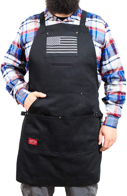 JayCee Apron for BBQ, Grill, Chef, Hobby and Workshop, 5 Pockets, Cross-Back, 2 Tool/Towel Loops, 10 oz Cotton, Great Gift