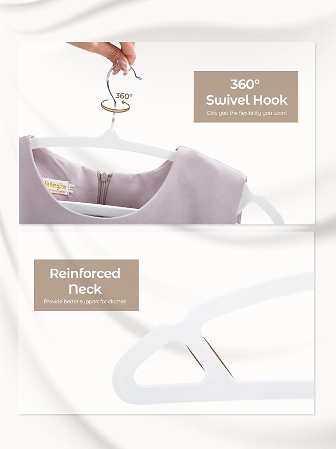 HOUSE DAY White Velvet Hangers 60 Pack, Luxury Non Slip Felt Hangers, Space Saving Clothes Black Hanger Heavy Duty, No Shoulder Bump Focked Hanger with 360° Swivel Hook for Closet
