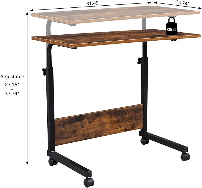 Goujxcy Sofa Side Table C Shaped End Table with Wheels, Rolling Bedside Laptop Table Snack Table TV Tray, Height Adjustable, Wooden Top & Metal Frame