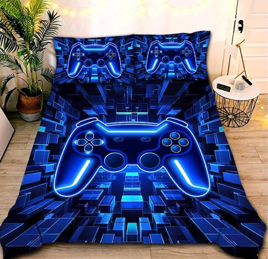 NTBED 5pcs Game Console Comforter Set for Boys Girls Kids 3D Gaming Block Bed in a Bag Lightweight Microfiber Gamer Bedding Sets (Blue, Twin)