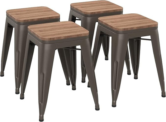 Andeworld 18 Inch Stools Set of 4,Industrial Metal Dining Chair with Wooden Seat,Short Kitchen Bar Stools Stackable for School,Classroom,Rusty