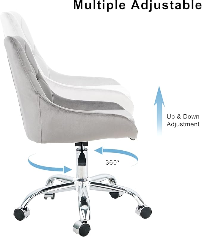 Furnimart 360° Swivel Rolling Desk Chair, Height Adjustable Vanity Chair with Silver Legs, Cute Task Chair with Wheels for Dorm Bedroom Studying Small Places (Velvet Gray)