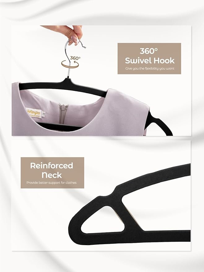 HOUSE DAY Black Velvet Hangers 20 Pack, Luxury Non Slip Felt Hangers, Space Saving Clothes Black Hanger Heavy Duty, No Shoulder Bump Focked Hanger with 360° Swivel Hook for Closet