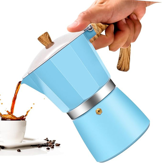 3 Cup Aluminum Moka Pot Classic Stovetop Espresso Coffee Maker 150ml 5oz Coffeemaker Percolator Mocha Pot Greca Coffee Maker Cafe Makers for Italian and Cuban Café Brewing Blue