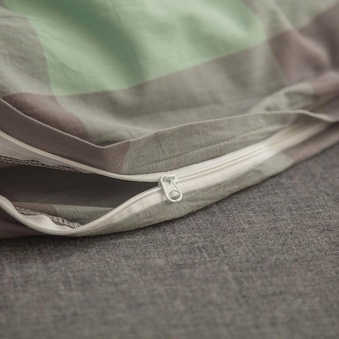 FACE TWO FACE Bedding Duvet Cover Set100% Washed Cotton Duvet Cover Linen Like Textured Breathable Durable Soft Comfy (Full, Light Green Grid)