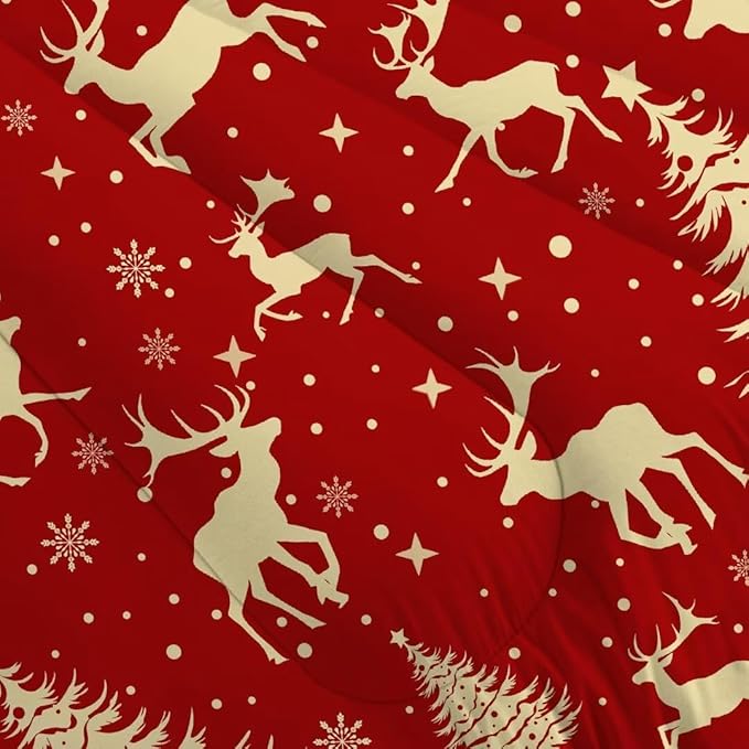 Red Christmas Elk Comforter Set King Cute Reindeer Snowflake Christmas Quilt 3 Piece Soft Christmas Comforter for All Seasons Kids Christmas Bedding Set with 1 Comforter + 2 Pillowcases