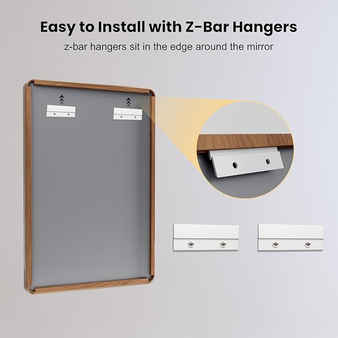 LOAAO 72X40 Inch Bathroom Mirror with Wood Grain Colored Metal Frame, Rounded Rectangle Metal Framed Bathroom Mirror, Anti-Rust, Hangs Horizontally or Vertically, Tempered Glass