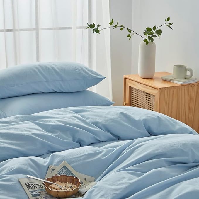 FACE TWO FACE Bedding Duvet Cover Set100% Washed Cotton Duvet Cover Linen Like Textured Breathable Durable Soft Comfy (King, Light Cyan)