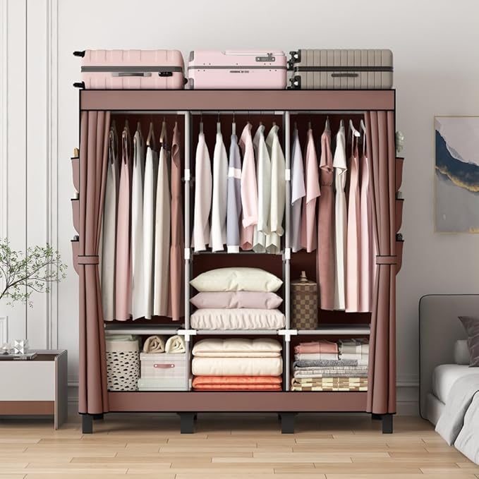 Portable Closet, Clothes Storage Box, Simple Wardrobe for Hanging Clothes, Multiple Shelves and 3 booms,6 Side Pockets (Grey) (Coffee, Large)