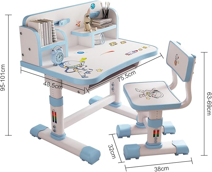 Kids Desk and Chair Set, Height Adjustable Kids Study Table and Chair Set, Children School Desk with Storage Drawer and Book Stand, Ergonomic Child Toddler Deskwith Sitting Posture Corrector (Blue 1)