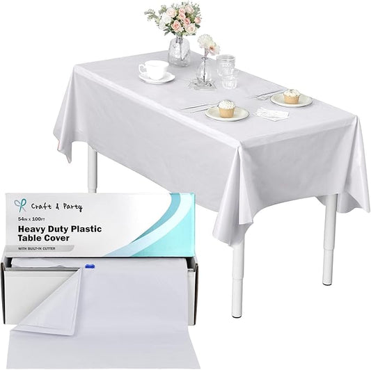 Craft And Party, 54 in x 100 feet Plastic Table Cover Roll for Party, Banquet, Picnic, Kids Activities for Any Size and Shape Table (White, 54" x 100ft)