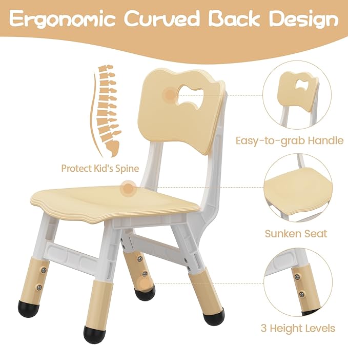 GAOMON Kids Chair Set of 2, 3 Level Height Adjustable Kid Chair, Plastic Toddler Chairs for Children Boys Girls Age 2-6, Suitable for Home Family Classroom Nursery Indoor Use, Beige