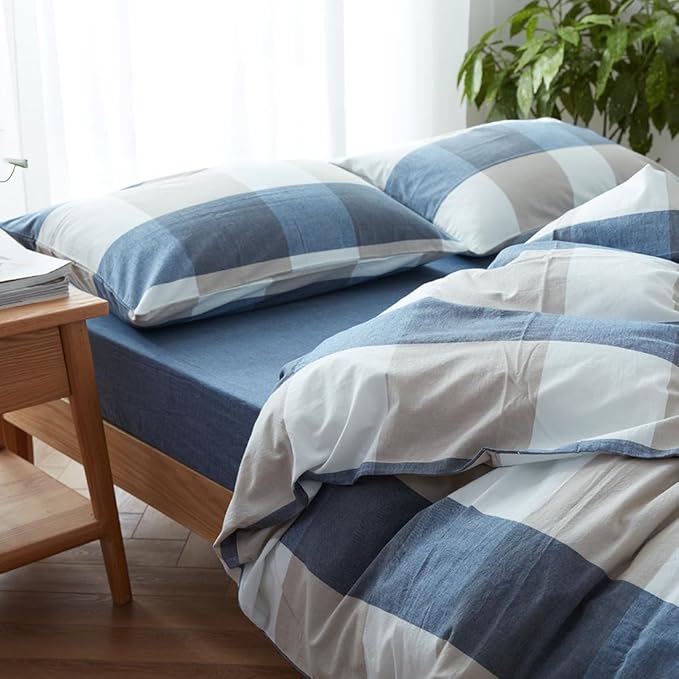 FACE TWO FACE Bedding Duvet Cover Set100% Washed Cotton Duvet Cover Linen Like Textured Breathable Durable Soft Comfy (Queen, Blue and White Grid)