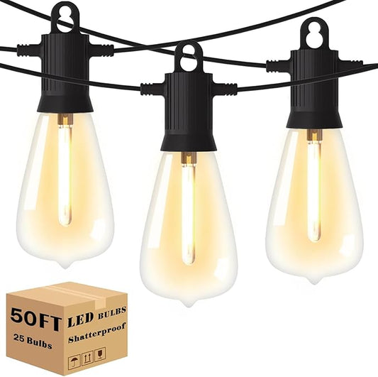 Outdoor String Lights 50 ft, LED Patio Lights with 27（25+2 Spare ST38 Shatterproof Bulbs, IP 65 Waterproof, Outside Hanging Light for Cafe Bistro Backyard