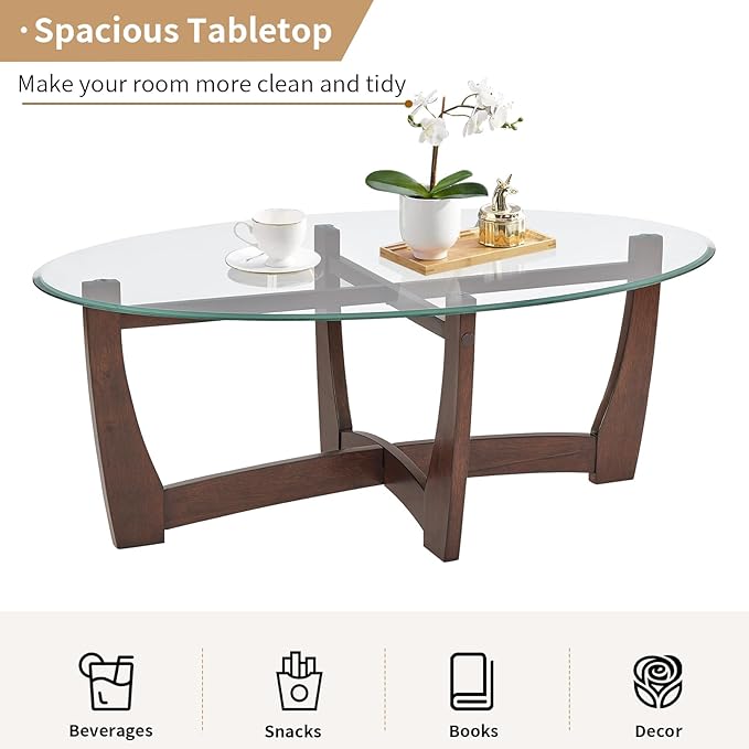 48" Oval Glass Coffee Table with Tempered Glass Top Cross and Solid Wood Base Simple & Modern Center Table for Living Room Office Apartment Cherry