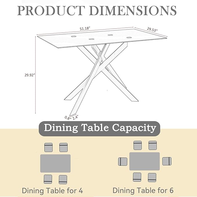 SSLine 51'' Gold Glass Dining Table Set for 6,7 Piece Kitchen Table and Chairs Set with Metal Legs and 6 PU Leather Dining Chairs for Kitchen Room Small Spaces
