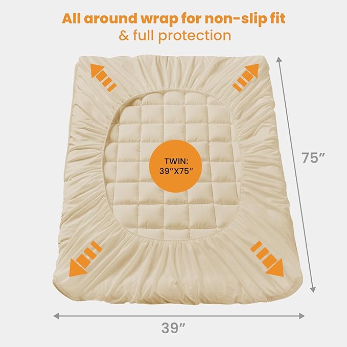 MATBEBY Twin Size Mattress Pad - Cooling Breathable Mattress Topper, Quilted Fitted Mattress Protector, Pillow Top Mattress Cover with 8-21" Deep Pocket, Soft, Machine Washable, Beige, 39x75 Inches