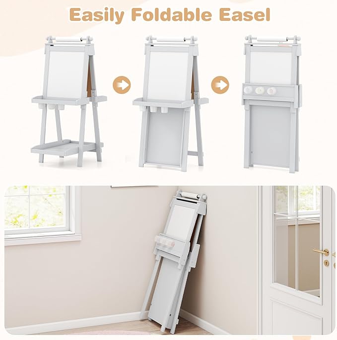 OLAKIDS Easel for Kids, 3 in 1 Adjustable Painting Art Board, Foldable Double-Sided Wooden Drawing Chalkboard Magnetic Whiteboard with Paper Roll, Storage Rack, Cups for Boy Girls (Gray)