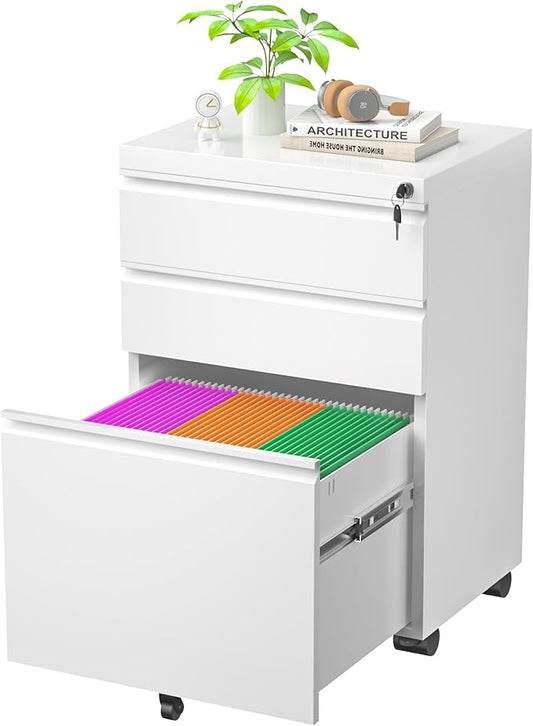 Greenvelly 3 Drawer Mobile File Cabinet with Lock, Fully Assembled Rolling File Cabinet Except Casters, Under Desk File Cabinet with Wheels for Home Office Fit Legal/Letter/A4 File (Assembled, White)