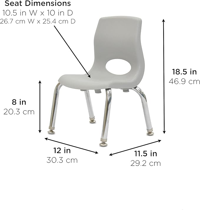 Children’s Factory MyPosture Plus 8" Chair, Gray with Chrome Legs, 2 Pack, Stackable Ergonomic Seating Solution for Classrooms and Homeschools