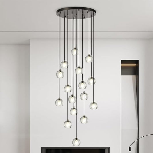 High Ceiling Foyer Chandelier, Brushed Black 16 Lights Crystal Staircase Chandelier, Modern Cut Pendant Raindrop Cluster Lighting Fixture for Entryway Living Room