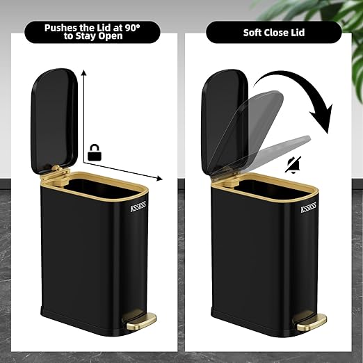 2.6 Gallon Slim Bathroom Trash Can with Soft Close Lid, 10L Stainless Steel Garbage Can with Removable Liner Bucket, for Narrow Spaces, Bathroom, Bedroom (Matt Black)