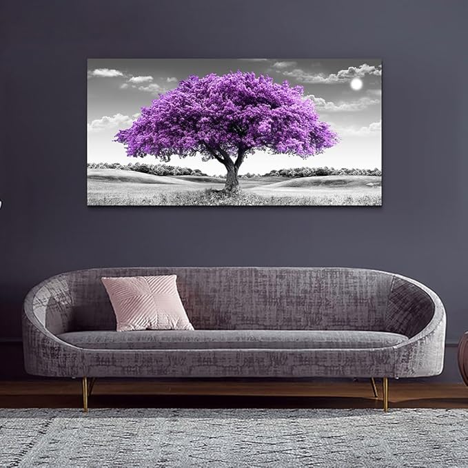 Large Canvas Wall Art for Living Room Wall Decor for Office Aesthetic Bedroom Wall Decorations Purple Tree Landscape Painting Black and White Pictures Artwork Room Modern Home Decor