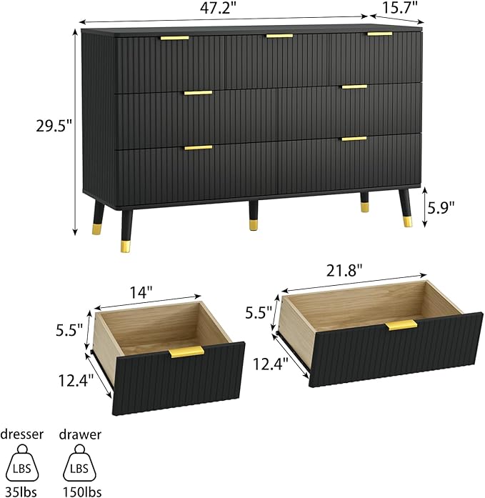 Black Dresser for Bedroom, Fluted 7 Drawer Dresser with Gold Metal Handles, Modern Wood Chest of Drawers for Living Room, Black