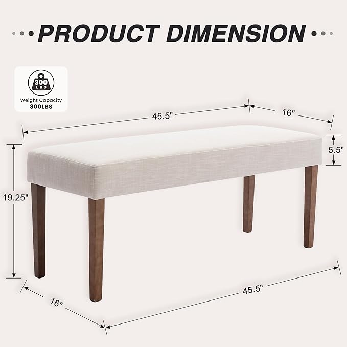 LIVINOVA Farmhouse Upholstered Dining Bench Seat Set of 2, 45" Linen Fabric Entryway Bench with Natural Wood Legs, Mid Century Modern End of Bed Bench for Kitchen Bedroom Living Room Hallway, Beige