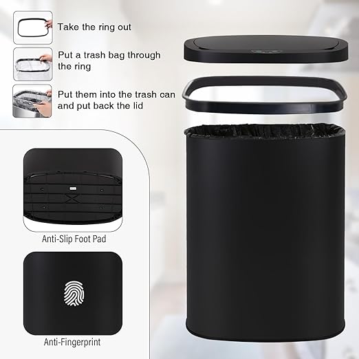 PayLessHere 13 Gallon Trash Can Kitchen Trash Can Automatic Garbage Can with Lid Touch Free High-Capacity Motion Sensor for Kitchen Bedroom Bathroom Office Trash Bin (1, Black Stainless Steel)