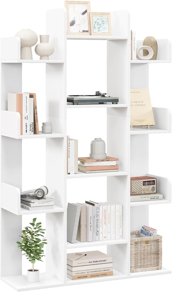 Tangkula White Tree Bookshelf, Freestanding Corner Storage Organizer with 13 Open Shelves, Decorative Display Cube Shelf for Living Room, Study, Office, 34 x 9.5 x 55.5 Inch (1, White)