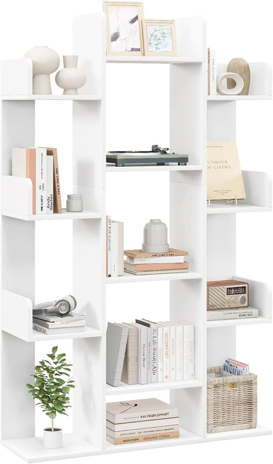 Tangkula White Tree Bookshelf, Freestanding Corner Storage Organizer with 13 Open Shelves, Decorative Display Cube Shelf for Living Room, Study, Office, 34 x 9.5 x 55.5 Inch (1, White)