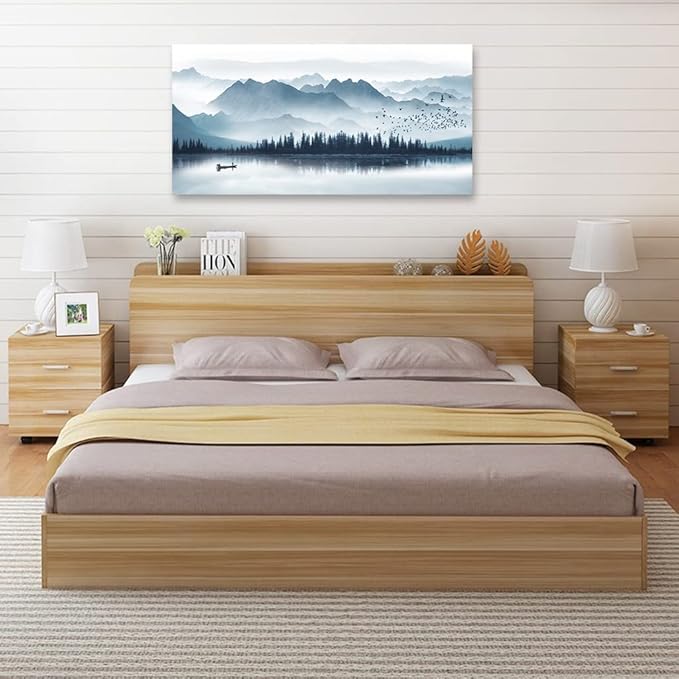 arteWOODS Indigo Canvas Wall Art Misty Mountain Wall Pictures Foggy Lake Boat Canvas Painting Prints Forest Birds Canvas Wall Decor for Living Room Wall Decorations Framed Ready to Hang 24" x 48"