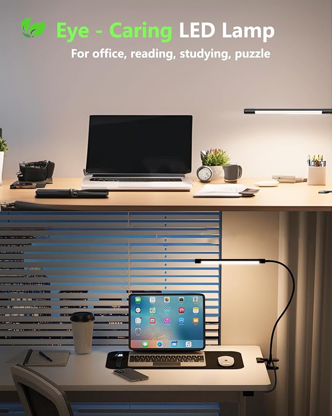 JHD LED Desk Lamp with Clamp - Adjustable 3 Color Modes 10 Brightness Level Table Lamp, USB Eye Caring Flexible Gooseneck Desk Light for Home Office, Dorm Room, Reading, Nail, Clip On Light, Black