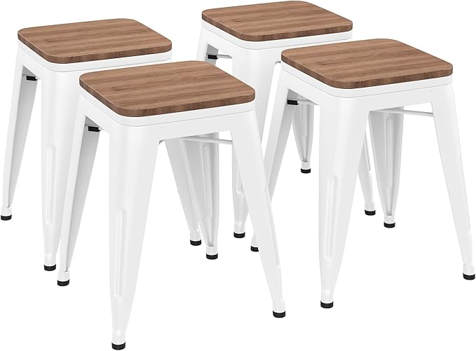 Andeworld 18 Inch Stools Set of 4,Industrial Metal Dining Chair with Wooden Seat,Short Kitchen Bar Stools Stackable for School,Classroom,Cream White