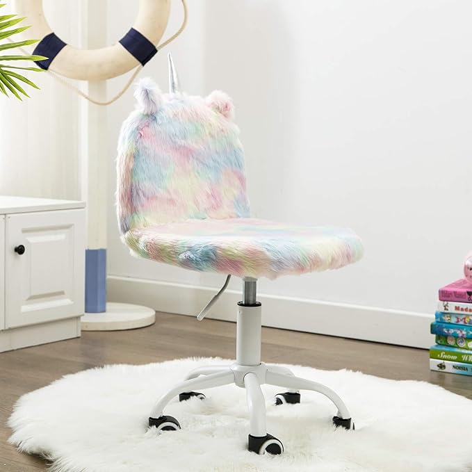 Cute Fuzzy Kids Chair Funny Rolling Study Desk Chair Colorful Girls Vanity Swivel Chair with White Foot