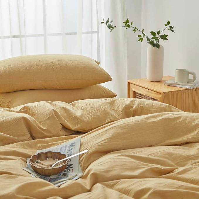 FACE TWO FACE Bedding Duvet Cover Set100% Washed Cotton Duvet Cover Linen Like Textured Breathable Durable Soft Comfy (Queen, Ginger)