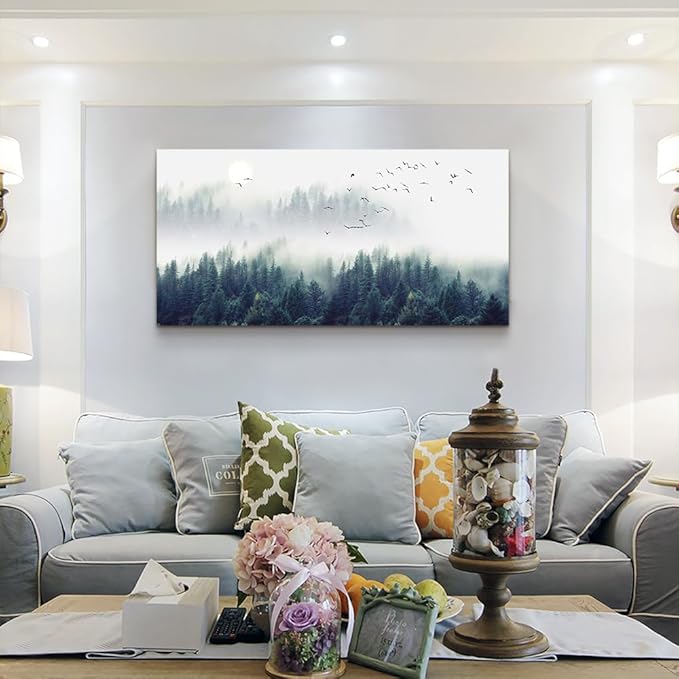 Landscape painting wall decor Canvas Wall Art for Living Room - Misty Forests of Evergreen Coniferous Trees in an Ethereal Landscape - Modern Home Decor Framed Ready to Hang bedroom decoration