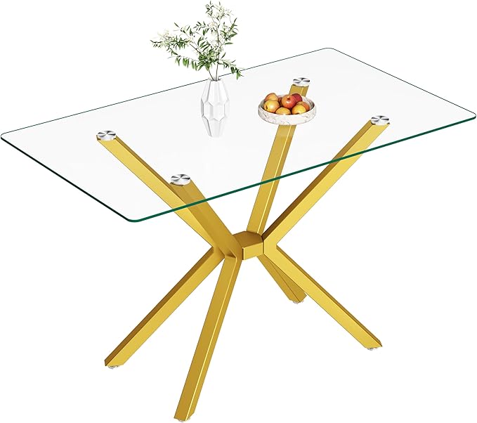 47" Tempered Glass Dining Table for 4, Modern Kitchen Table Rectangle Top, Geometric Metal Leg, for Apartment Dining Room Restaurant (Gold)