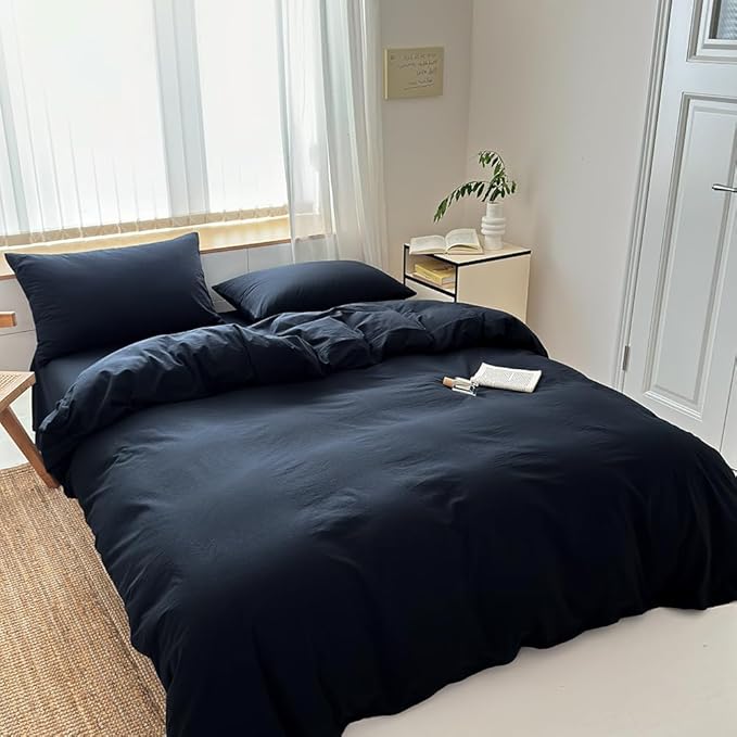 FACE TWO FACE Bedding Duvet Cover Set100% Washed Cotton Duvet Cover Linen Like Textured Breathable Durable Soft Comfy (Full, Tibetan Blue)