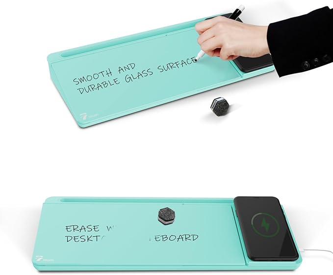 TOWON Desktop Glass Whiteboard with Charger Pad, Whiteboard for Desk with Charging Station, Desk Buddy Dry Erase with Charger for Home Office, Dry Erase Computer Desk Notepad, Teal Blue, 17 x 6 Inches