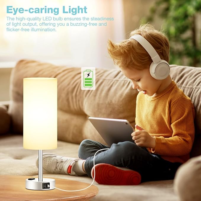 White Touch Bedroom Table Lamp - 3 Way Dimmable Bedside Lamp USB C A Charging Ports and AC Outlet, Small Lamp Nightstand with Silver Base for Living Room, Office Desk, LED Bulb Included
