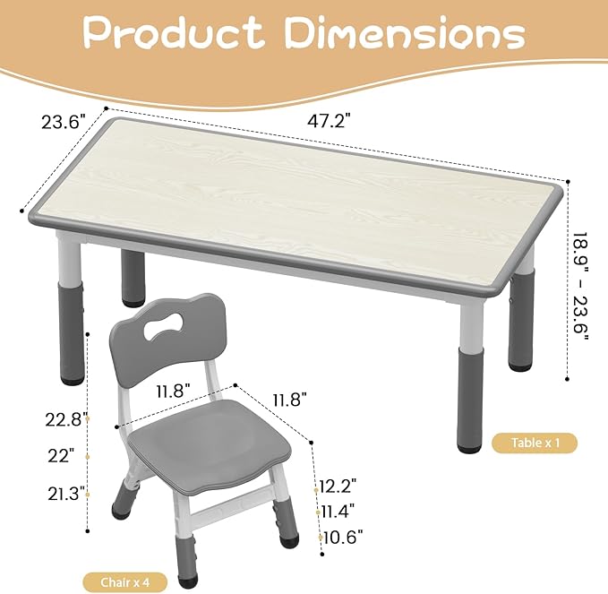 Kids Table and Chair Set, Height Adjustable Toddler Table and 4 Chairs Set for Ages 2-10, Graffiti Desktop, Non-Slip Legs, Arts & Crafts Table, Children Activity Table for Daycare Classroom Home