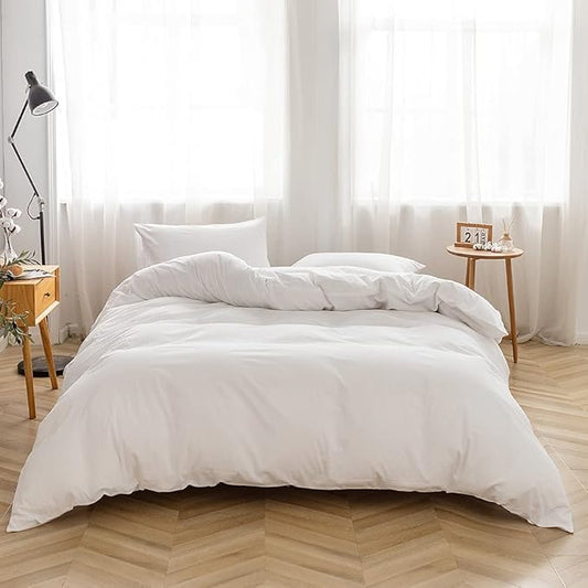 FACE TWO FACE Bedding Duvet Cover Set 3 Pieces 100% Washed Cotton Duvet Cover Linen Like Textured Breathable Durable Soft Comfy (California King, White)