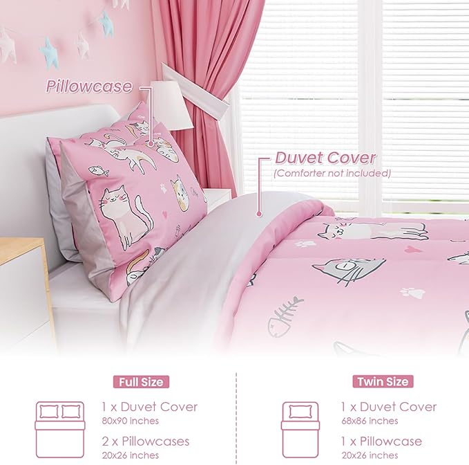 Cat Duvet Cover Sets Twin Size for Kids Girls, Include 1 Polyester Comforter Cover 68x86 Inches and 1 Pillowcase 20x26 Inches, Comforter Not Included, Gift for Christmas Birthday