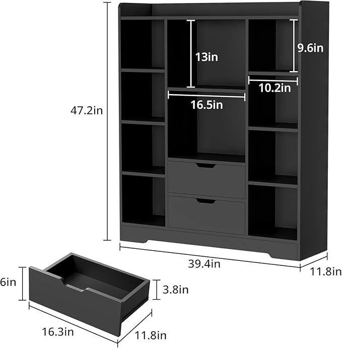 Cozy Castle Kids Bookshelf with Storage, Toy Storage Organizer with 2 Drawers and 10 Cubes 4-Tier Bookcase for Bedroom, Playroom, Hallway, Living Room(Black)