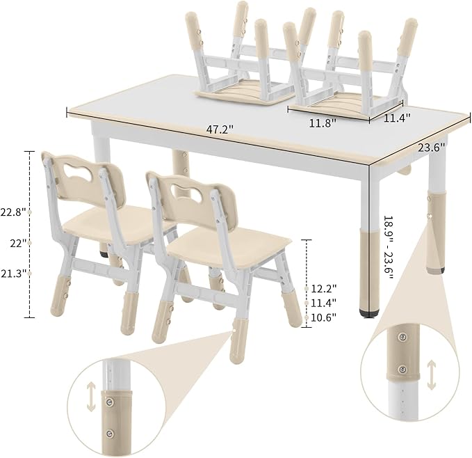 Toddler Table and Chairs Set for 4, 47.2''L x 23.6''W Kids Study Table and Chair Set, Height-Adjustable, Graffiti Desktop, Children Activity Table for Daycare, Classroom, Home