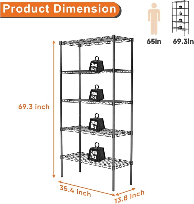 Sweetcrispy 5-Shelf Storage Shelving Unit, Adjustable Metal Wire Racks Heavy Duty Standing Shelf Organizer for Kitchen, Closet, Pantry, Garage, Bathroom, Laundry (13.8" D x 35.4" W x 69.3" H)
